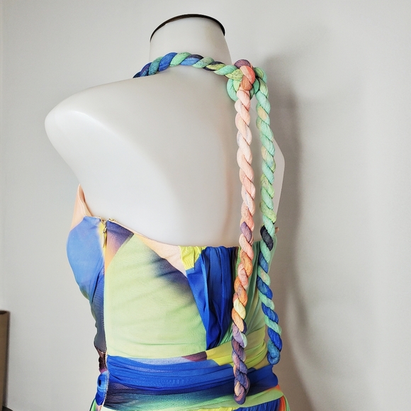 NICHOLAS Bristol Ruched Printed Mesh Halterneck Multicolor Slit Midi Dress - Picture 6 of 14